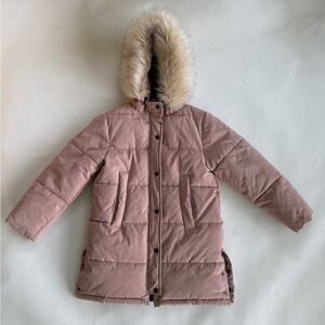 Pink Hooded Puffer Coat with Faux Fur Trim Zara